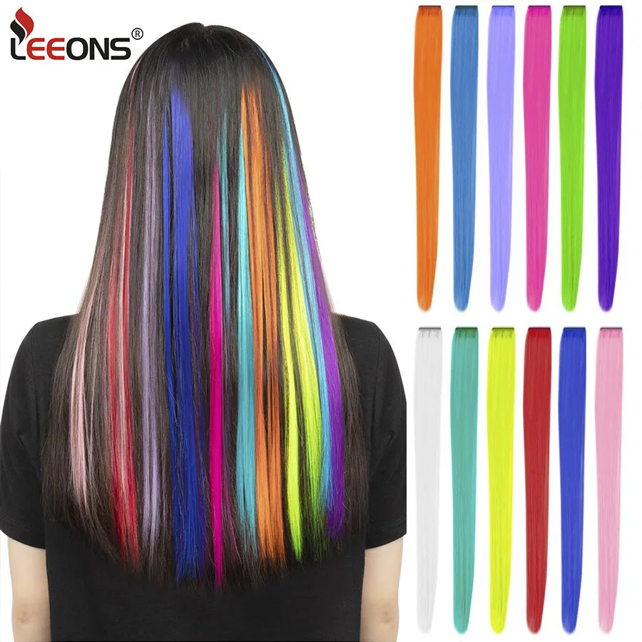 Leeons-extensiones de cabello sintético para mujer, de una pieza postizo largo y liso, color azul, marrón, 2 tonos