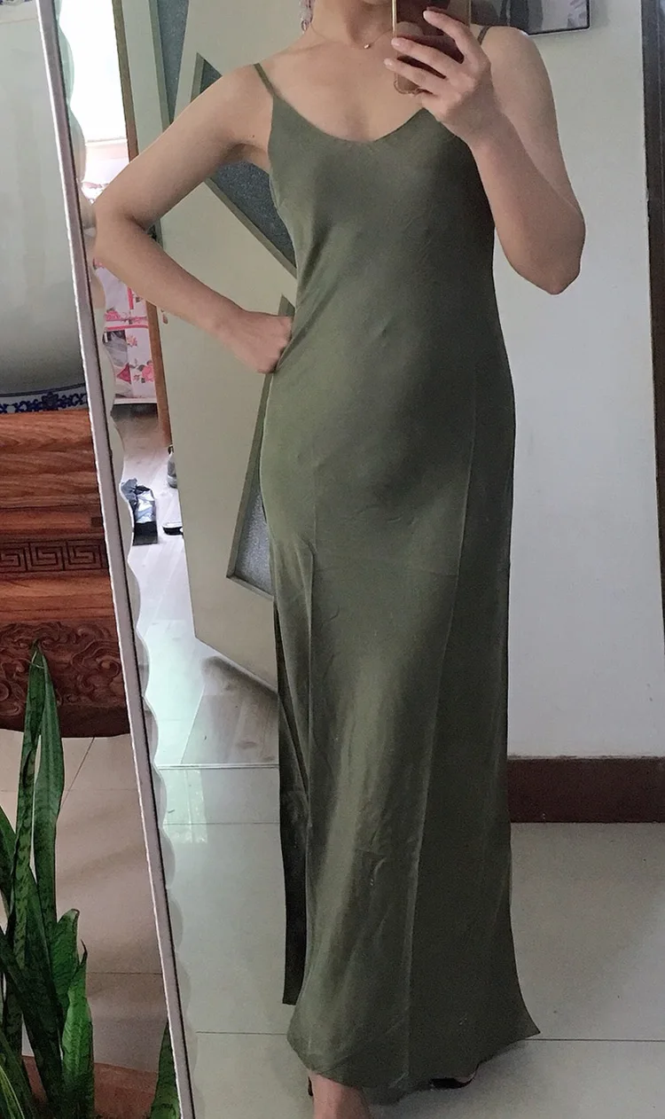 olive green Новейшее женское шелковое атласное однотонное оливково-Зеленое Длинное платье русалки с высокой талией с бретельками-спагетти и боковыми отверстиями - Цвет: olive green