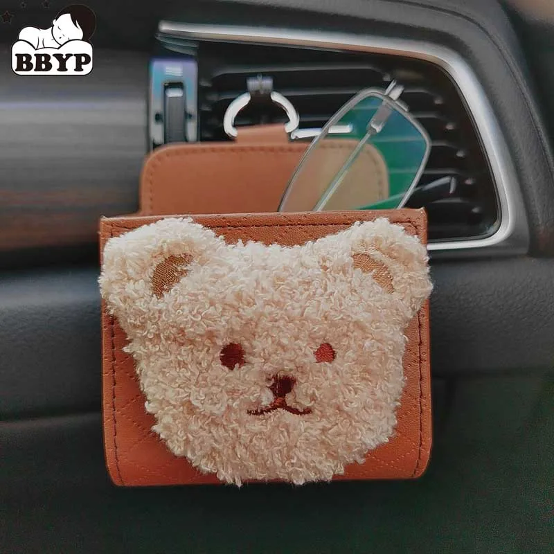 

10Pcs Cartoon Bear Car Storage Bag Air Vent Dashboard Tidy Hanging Leather Organizer Box Glasses Phone Holder Storage Organizer