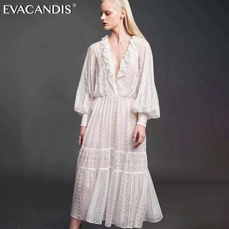 Ruffle V-neck Sexy F/W Hollow Out Lantern Long Sleeve Beach Elegant Vintage Runway Designer European Long Women Dress Vestidos