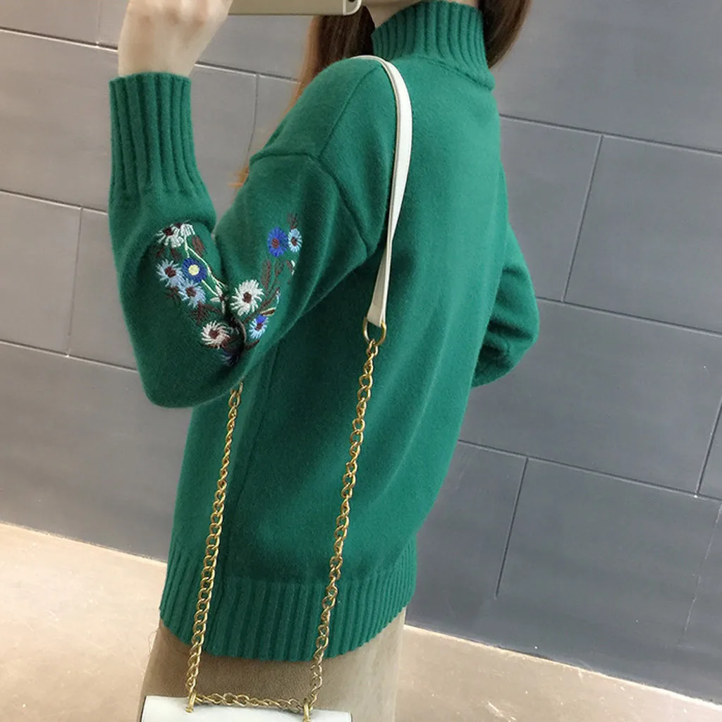 New Loose Thick Warm Winter Pullover Sweater Women Embroidery Jumper Half Turtleneck Long Sleeve Knit Yellow Sweater Female