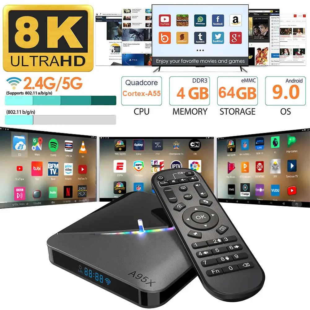 A95XF3 8K Android 9,0, 4 ГБ, 64 ГБ, компьютерной приставки к телевизору, Wi-Fi, 4 ядра 1080P HD телевизионная коробка с Bluetooth Сетевой проигрыватель USB 3,0 3D видео ТВ приемник