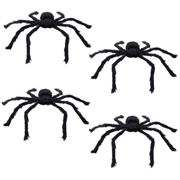 

4Pcs Halloween Decorations Outdoor 30 Inch Spider Posable Furry Black Giant Scary Fuzzy Spiders Indoor Yard Web Party