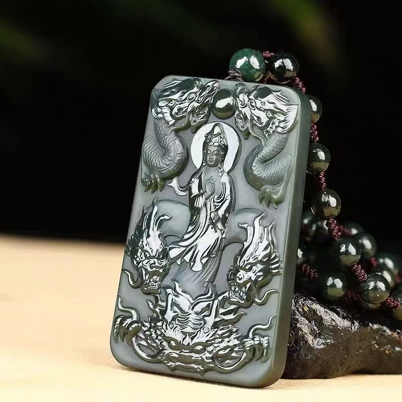 

Amazing Handwork Carven Guanyin With Nine Dragon Sun Totem Pendant Amulet Magical Churinga By Bottle Jade