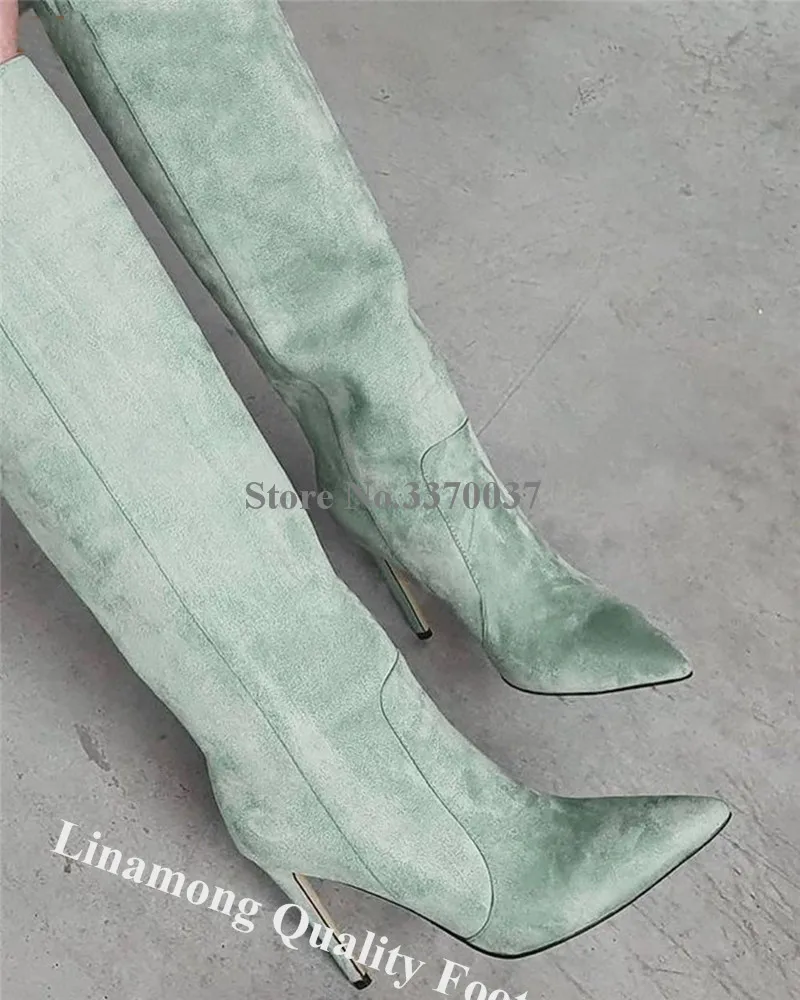 

Linamong Light Green Purple Suede Knee High Stiletto Heel Boots Pointed Toe Long Thin Heel Boots Club Dress Shoes