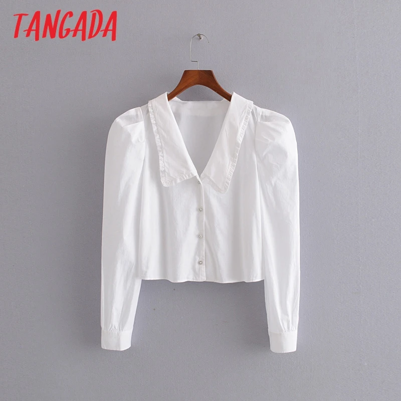 

Tangada women beading buttons white shirts cotton long sleeve peter pan collar short style young ladies blouses 3H08