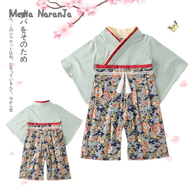 

Boys Spring Autumn Long-Sleeved Baby Jumpsuit Japanese-Style Large Flower Printed Clothes Kimono Romper