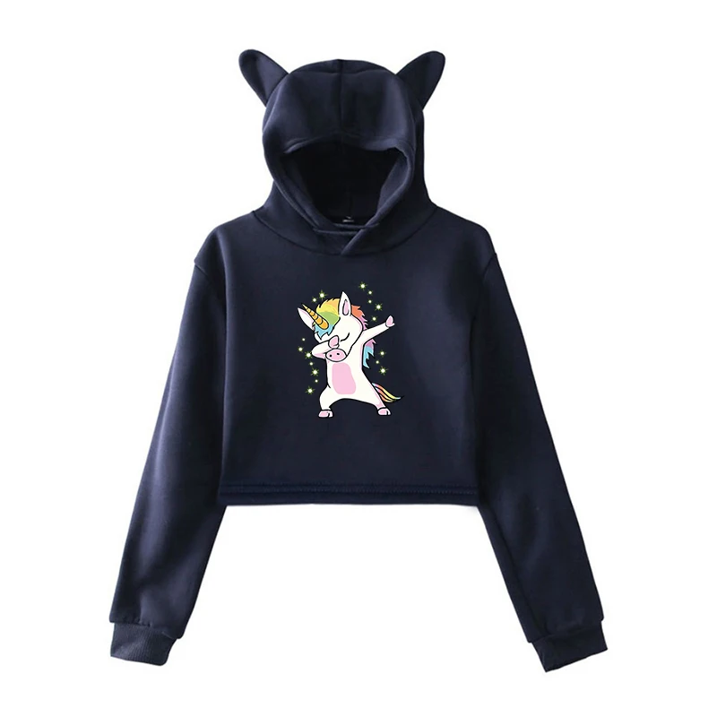 Модные толстовки с капюшоном для девочек Kawaii с принтом единорога женские свитшоты Харадзюку укороченная толстовка с длинными рукавами Повседневная Женская толстовка - Цвет: Kawaii Hoodie 13