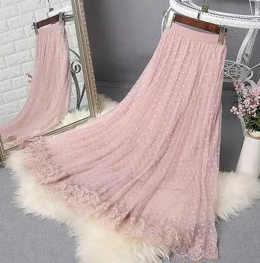 Sanishroly Autumn Women Dot Lace Skirts Elastic High Waist Mesh Skirt Female Midi Long Pleated Skirts A-Line Party Skirt SE725 - Цвет: Розовый