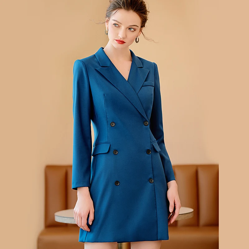 Peacock Blue Dress Suit Women OL Style Business Formal Work Wear Office Ladies Clothing Double Breasted Slim Long Sleeve Dresses - Цвет: Blue Long Sleeve