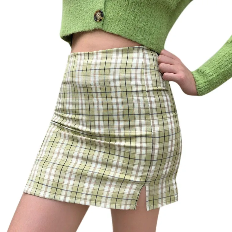

Liva Girl Retro Skirt High Waist Plaid Side Slit Falda Sexy Thin All-Match Bag Hip Green Vetements Femmes 2020 New
