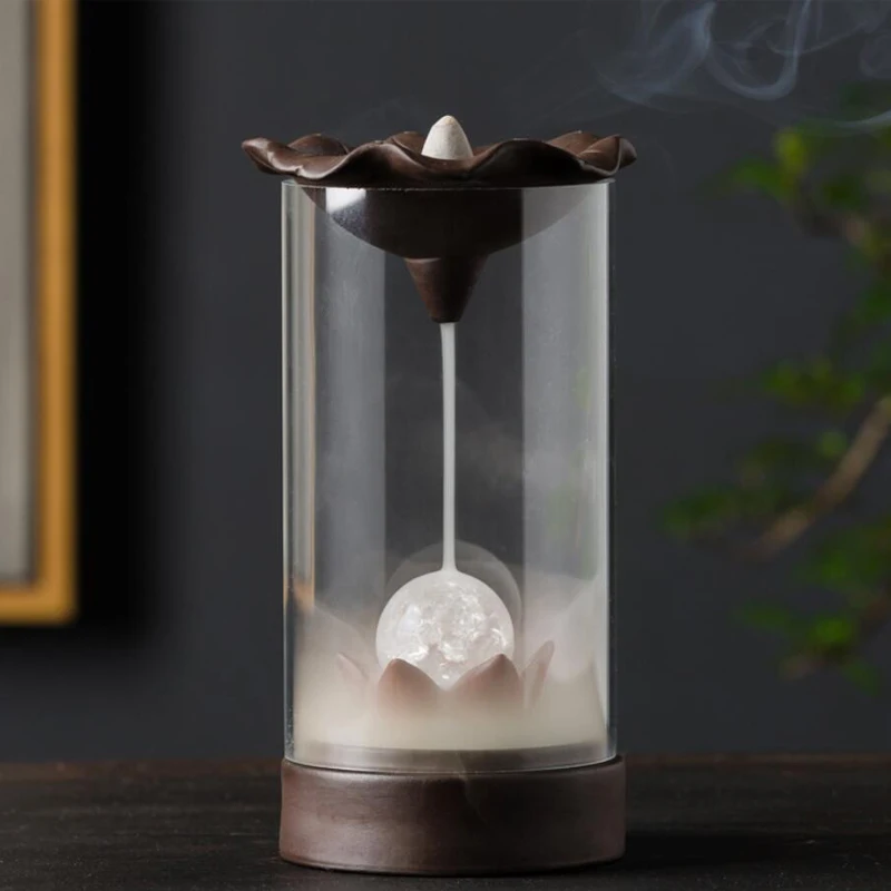 

Ceramic Backflow Incense Burner With Acrylic Cover And LED Light Crystal Ball Incense Holder Censer + 20Pcs Incense Cones
