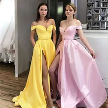 Сатиновые платья для выпускного вечера с открытыми плечами, длинные карманы, высокий разрез, на шнуровке, дешевое торжественное платье, вечерние платья, Robe De Soiree