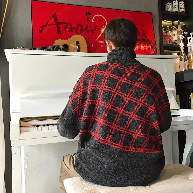Winter Turtleneck Sweater Men Warm Fashion Sweaters Casual Plaid Sweter Clothes Man Streetwear Wild Loose Knit Pullover Men
