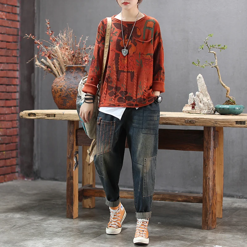 Cartoon printing newest autumn knitted linen sweaters O neck women loose long sleeve blouse Pullovers girls sweaters A0BZ4