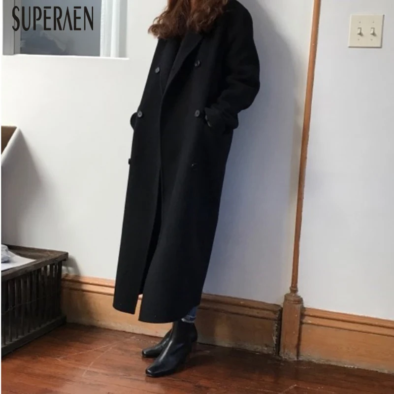 SuperAen женское Шерстяное Пальто двубортное дикое повседневное модное женское Шерстяное Пальто зимнее Новое женская одежда