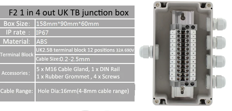 Водонепроницаемый Электрический кабель распределительная коробка проект Enlcosure чехол 158*90*60 мм с UK2.5B din-рейку клеммные блоки M16 кабельный ввод - Цвет: 1 in 4 out