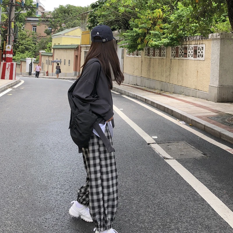 Клетчатые брюки, повседневный стиль, женская одежда, Harajuku, эластичные, высокая талия, спортивные штаны, весна-осень, модные корейские шаровары, женские