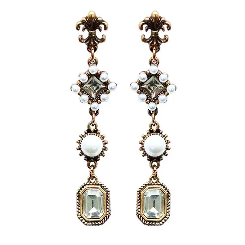 Vintage Baroque Style Long Clip Earrings No Pierced Ears Hole Crystal Square Stone Pedant Clip on Earrings Without Piercing