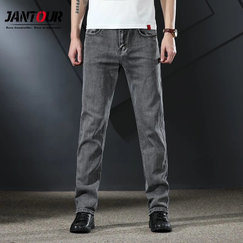 Pantalones vaqueros elásticos de cintura media para hombre, Jeans ajustados de corte recto, sencillos e informales, gris, 28 40, primavera y otoño|Pantalones AliExpress