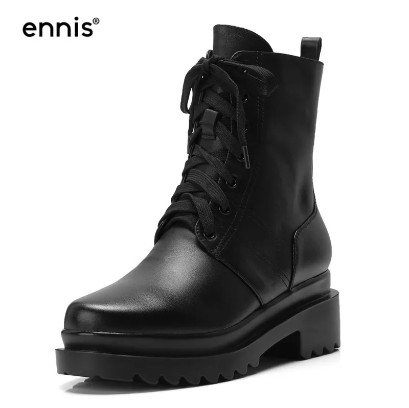 Black Plush Inside ENNIS/Брендовые женские розовые ботинки на шнуровке ботильоны martin на платформе обувь из натуральной кожи белые ботинки Новинка Осень-зима черного цвета A9264 - Цвет: Black Plush Inside