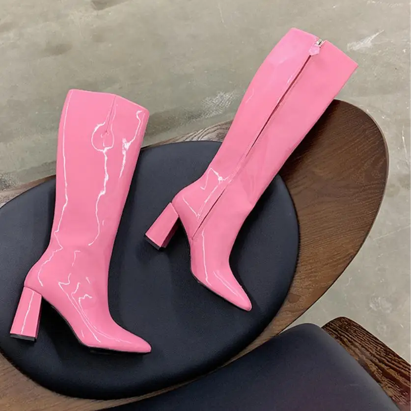 Женские сапоги из лакированной кожи на высоком каблуке; Botines Mujer; коллекция года; Botas Mujer; зимняя обувь; женские пикантные рыцарские сапоги; Bota Feminina