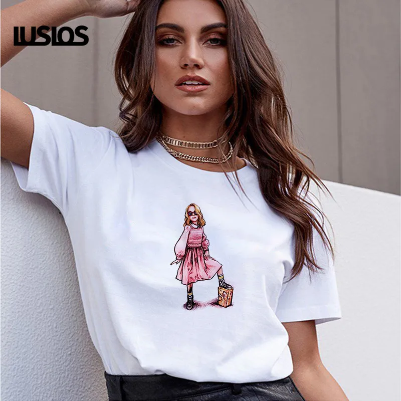 

LUSLOS Stranger Things Movie Actors Print T Shirt Women Summer Short Sleeve Casual Round Neck Tees Cute HarajukuCartoon T-shirts