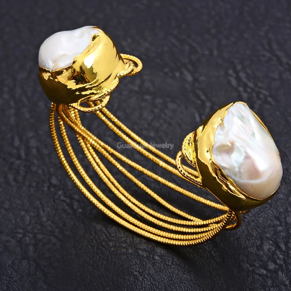 8/" 3 BRINS JAUNE Plaqué or Blanc Keshi Pearl Bracelet