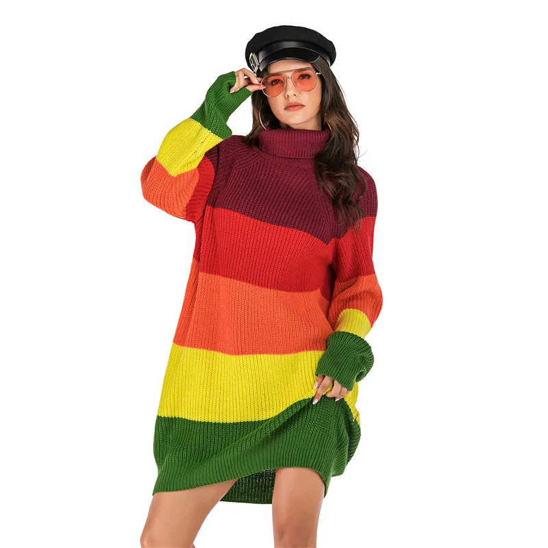 

Women Rainbow Stripe Turtleneck Sweater Pullovers Autumn Winter Warm Loose Oversized Retro Colorful Sweaters