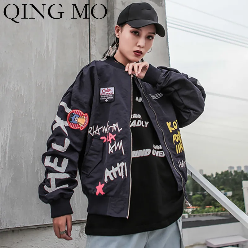 QING MO Женская Черная куртка с буквенным принтом Осенняя женская уличная стильная особенная куртка хлопковое Свободное пальто ZQY1313