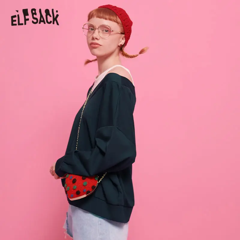 ELFSACK темно-синяя Повседневная Женская одежда с контрастным воротником в стиле пэчворк осенние корейские офисные женские свитшоты с длинным рукавом