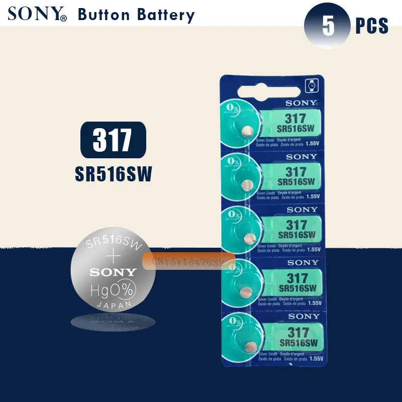 

5pc Sony 100% Original 317 SR516SW SR516 1.55V Silver Oxide Battery Button Coin Cell MADE IN JAPAN 100% Original Brand