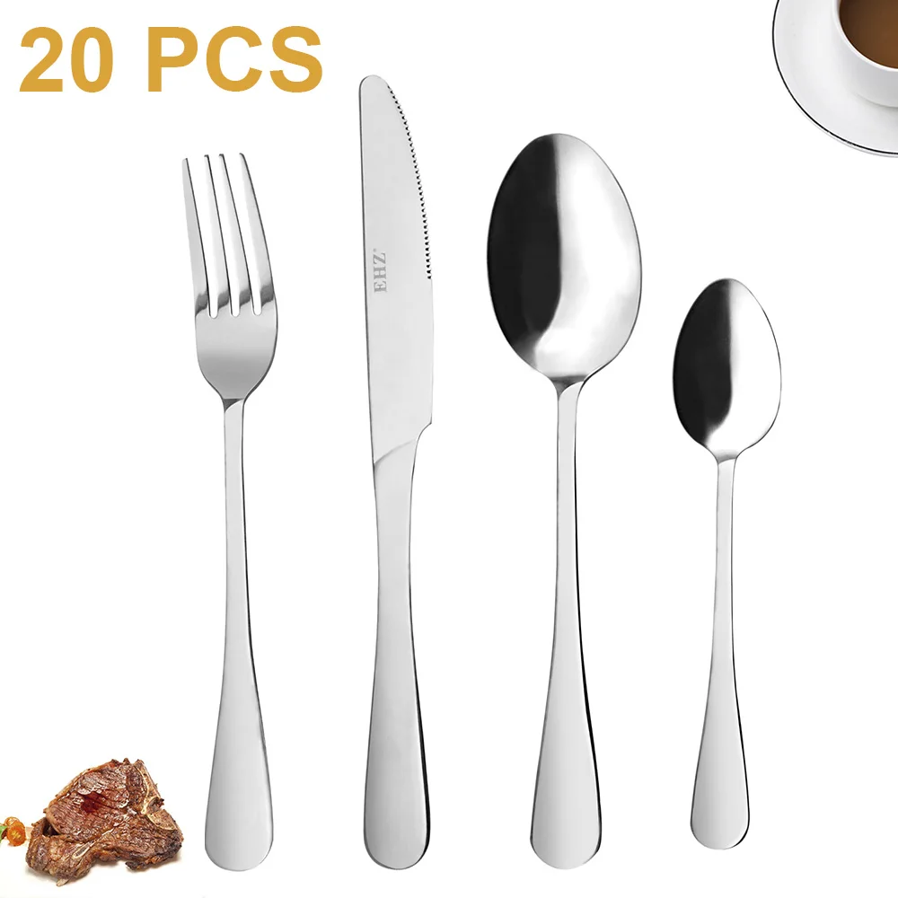 Ensemble de couverts en argenterie 20 pièces, ensemble de couverts en acier inoxydable, comprend un couteau/cuillère/fourchette poli miroir, Service pour 5