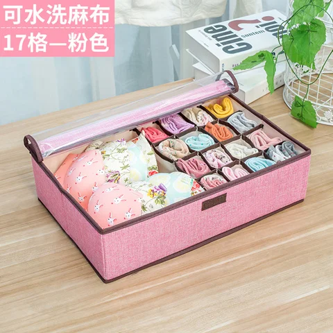 Pink 17 grid Однотонная коробка для хранения нижнего белья носки Короб из льняного материала разделитель ящика для шкаф для одежды Органайзер держатель с крышкой - Цвет: Pink 17 grid