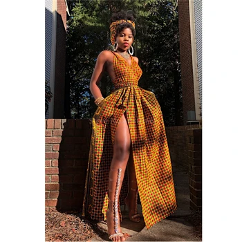 

African Dresses Women News Dashiki Print Ankara Style Split Sexy Dress Summer Skirt Bandage Sleeveless Grid Casual Girls Outfits