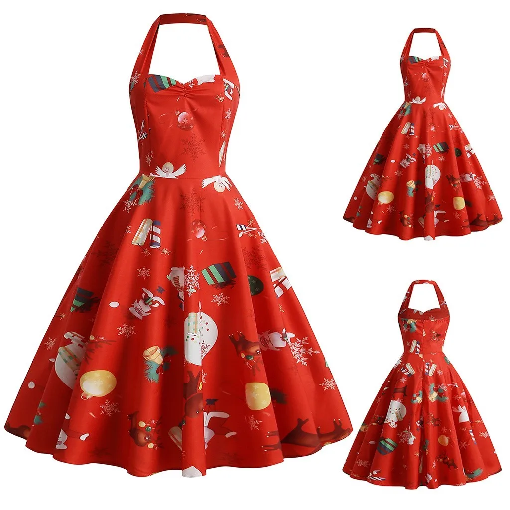 Superb Ladies Dresses Christmas Dress Vintage Clothes Women's Dress Retro Santa Claus Print Dress vestidos de fiesta de noche