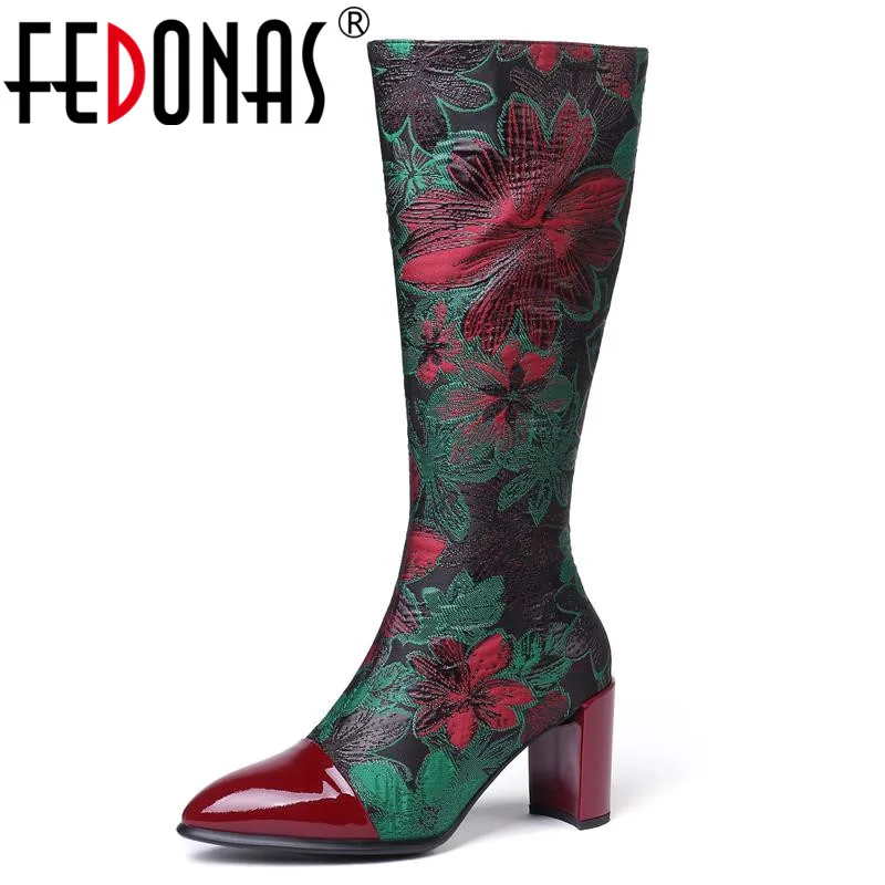 

FEDONAS Prints Slik Women Knee High Boots Winter Vintage High Heels Night Club Shoes Woman Sexy Long Riding Boots Big Size Boots