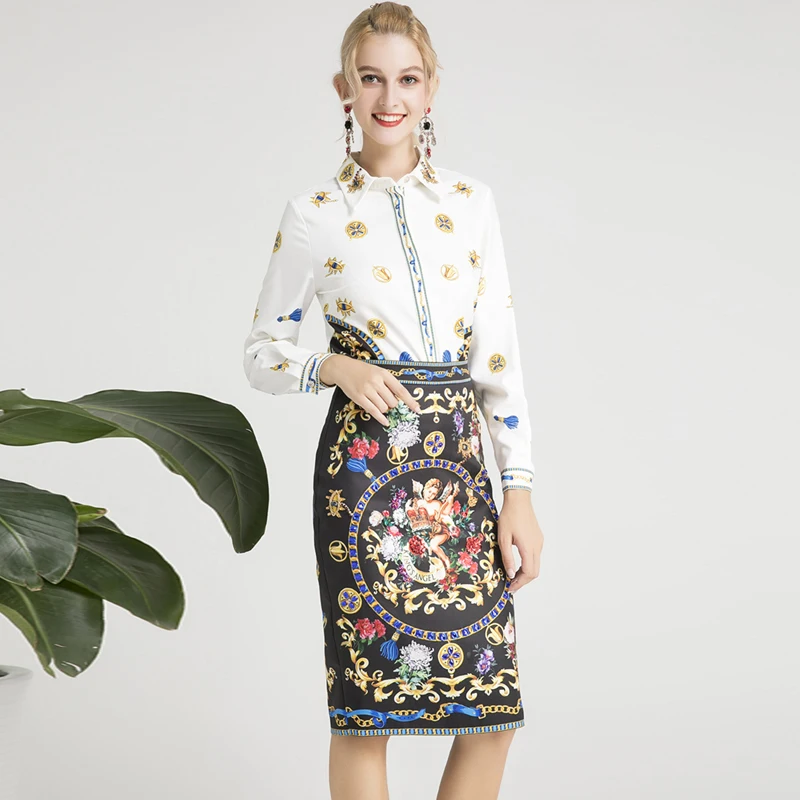 

Red RoosaRosee Autumn Spring Designer Women Twinset Floral Print Beads Blouse Top + Sexy Split Pencil Skirt Two Piece Set Suit