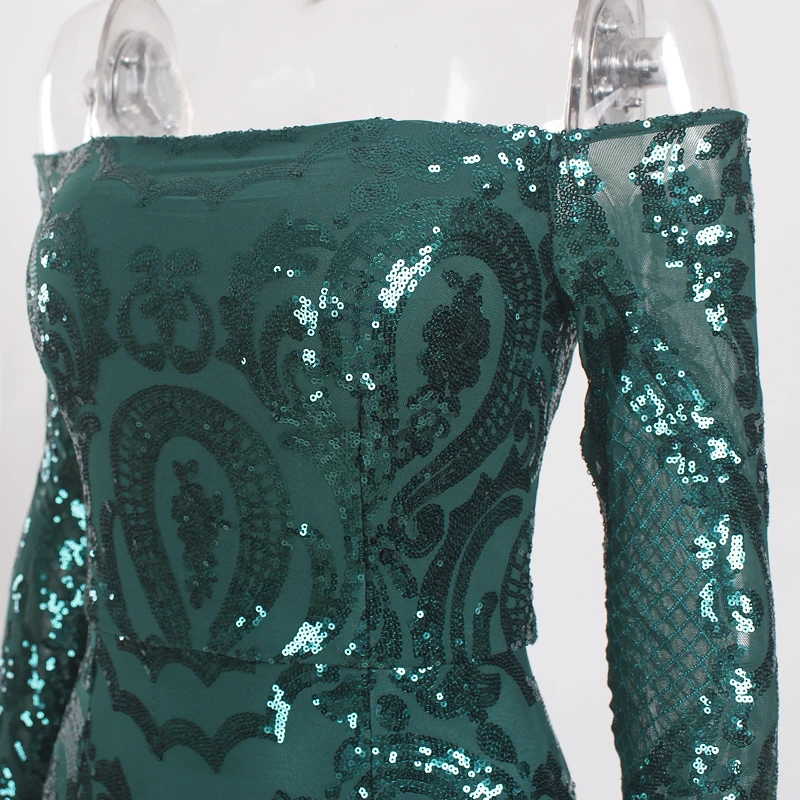 Эластичный платье соткрытыми плечами зеленое с плеча Платье с блестками платье для вечеринки длинное платье с длинными рукавами долго Подкладка вечернее платье длинный сарафан