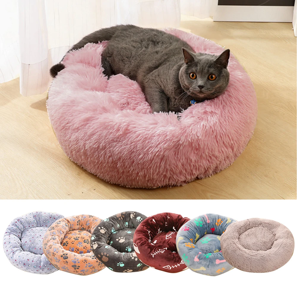Круглые плюшевые кровати для кошек, круглая кровать для собак, для маленьких собак, кошек, мягкая длинная плюшевая кровать для кошек, зимнее теплое спальное место, коврик для щенка