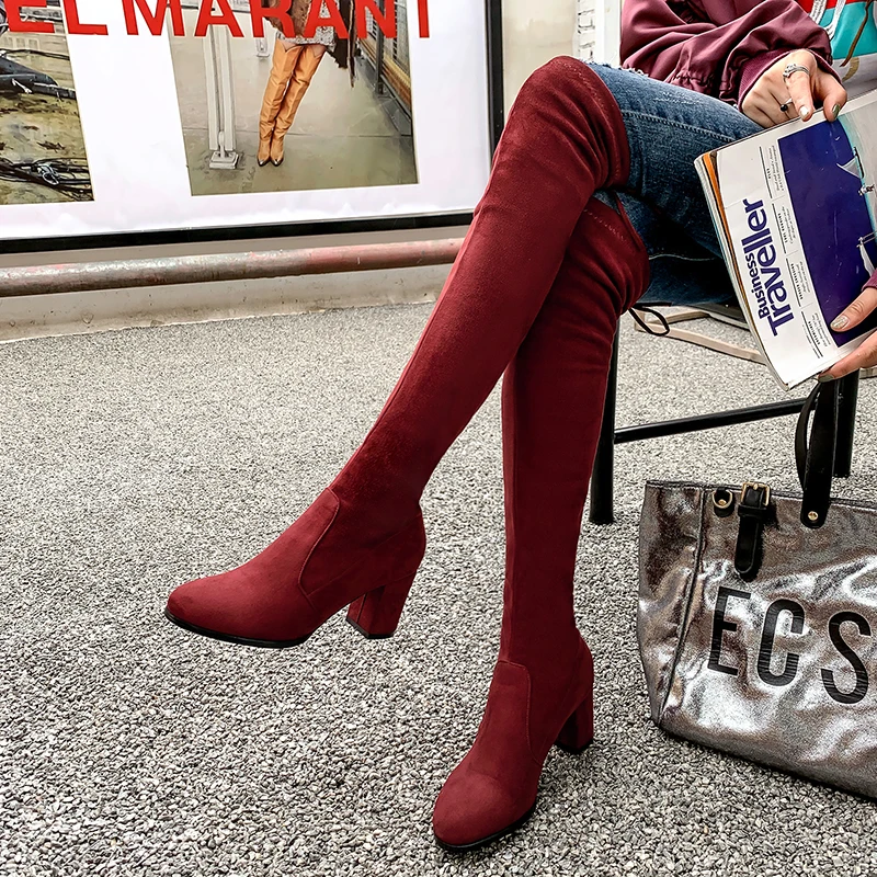 Wine red single LVABC/ г. Новые зимние сапоги выше колена женские эластичные тканевые чулки с эластичным бортом зимние женские сапоги на высоком каблуке размер 33-43 - Цвет: Wine red single