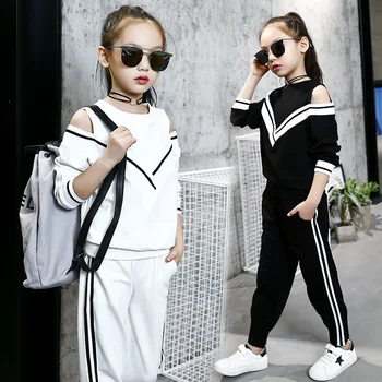 

Fashion Big Girls Sports Suits Off Shoulder Black and White Clothing Set for Teenage Autumn Tracksuit Kids Plus Size Sportswear