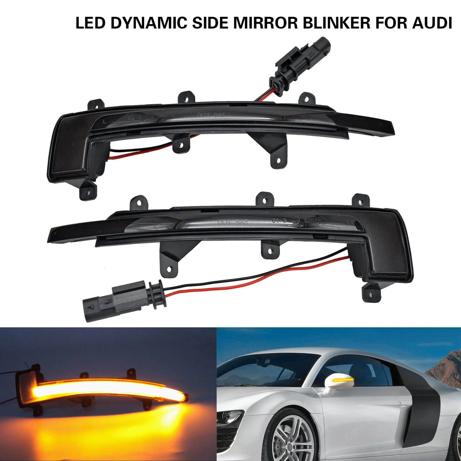 2PCS Amber LED Dynamic Side Mirror Light Turn Signal Light For Audi TT TTS TTRS Coupe Cabrio 2006-,R8 2007-,Smoked lens