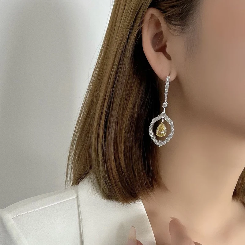 OEVAS 100% 925 Sterling Silver 8*12mm Water Drop Yellow High Carbon Diamond Drop Earrings For Women Sparking Party Fine Jewelry