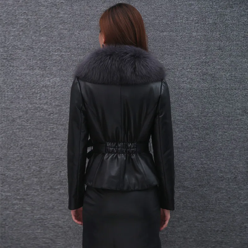 Short Genuine Leather Jacket Women Big Fox Fur Collar Sheepskin Coat Slim Women's Down Jackets Chaquetas Mujer KJ3573