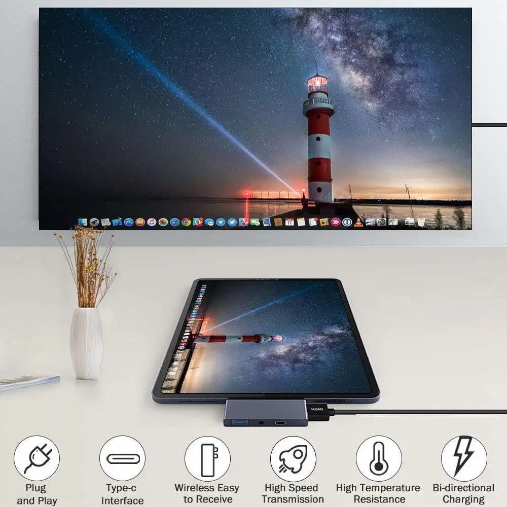 USB C концентратор для Ipad Pro адаптер ключ с 4k HDMI USB-C Pd 60 Вт Зарядное устройство USB 3,0 3,5 мм аудио разъем для наушников док-станция