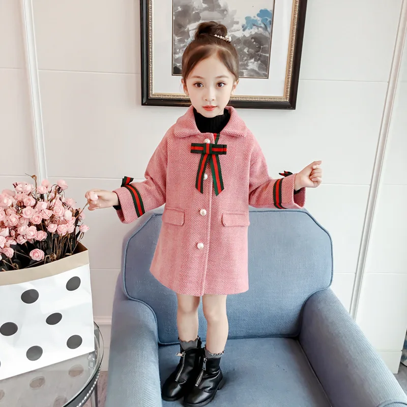 

Girls' Wool Coat 2018 Autumn And Winter New Style Single Row Pearl Clasp Woolen Jacket Twill Female Coat Dk137