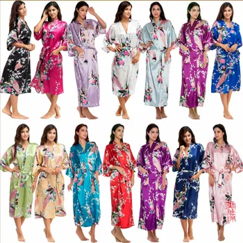 

Woman Japanese Style Kimono Satin Silk Bath Robe Aodai Yukata Sleepwear Pajamas Coat Peacock Spa Sexy Long Dress Haori Nightgown