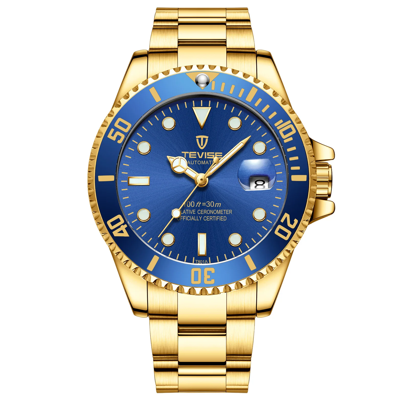 Gold-Sky Blue Tevise автоматические механические Diver спортивные роскошные часы стальной бренд водонепроницаемые светящиеся Бизнес наручные часы Relogio Masculino - Color: Gold-Sky Blue