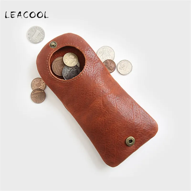LEACOOL EDC Кошелек для монет из воловьей кожи, мужская деловая тонкая мини сумка для монет, маленький кошелек для ключей, нулевой кошелек, защелкивающиеся сумки для гарнитур